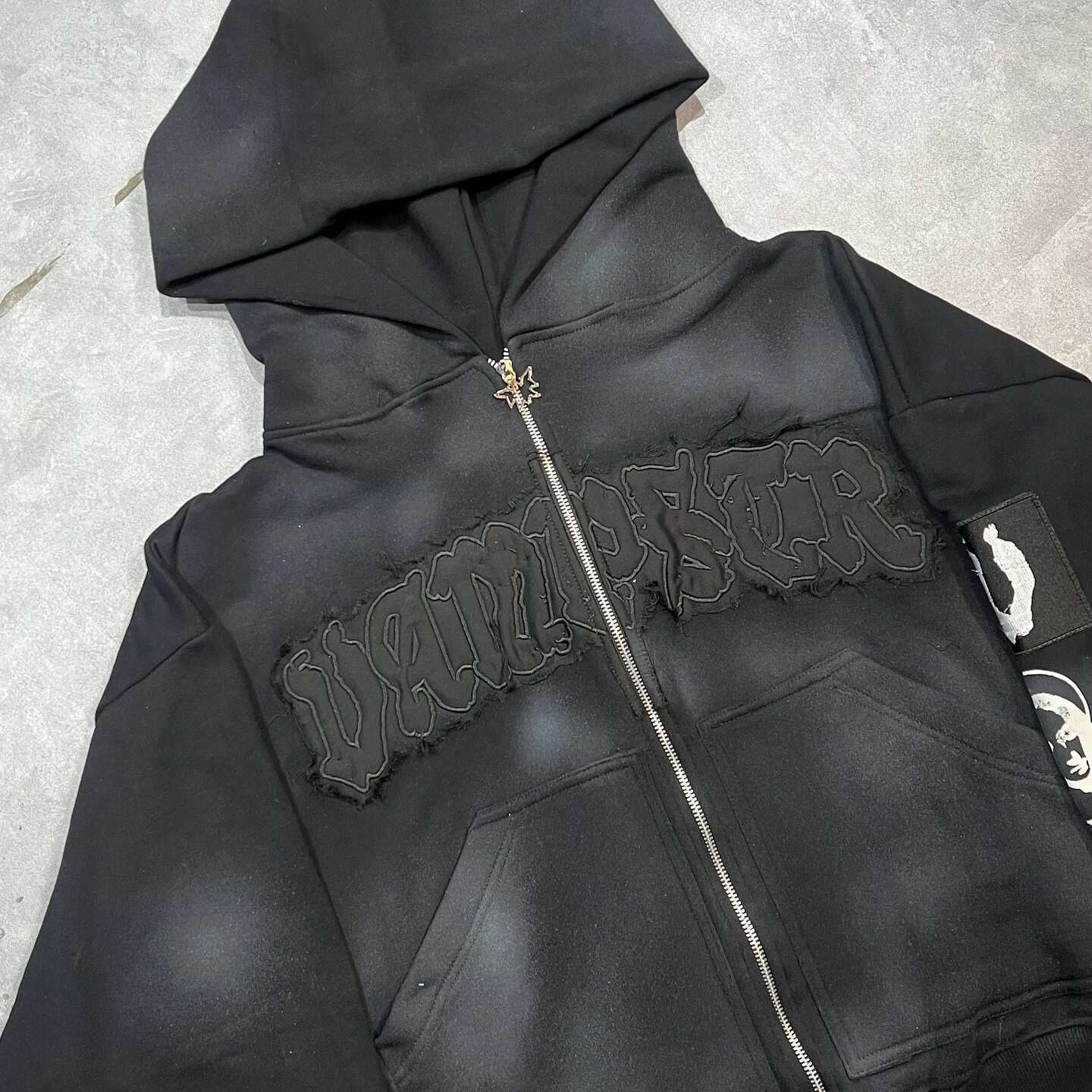 Retro Gothic Alphabet Embroidered Patch Graphics Oversized Zipper Hoodie Men's Y2K New Haruku Hip-Hop Casual Joker Street Wear