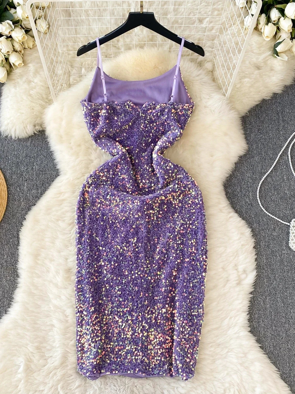 Women Sexy Long Midi Dress Purple Sequins Split Suspender Slim Fit Bodycon Party Club 250222