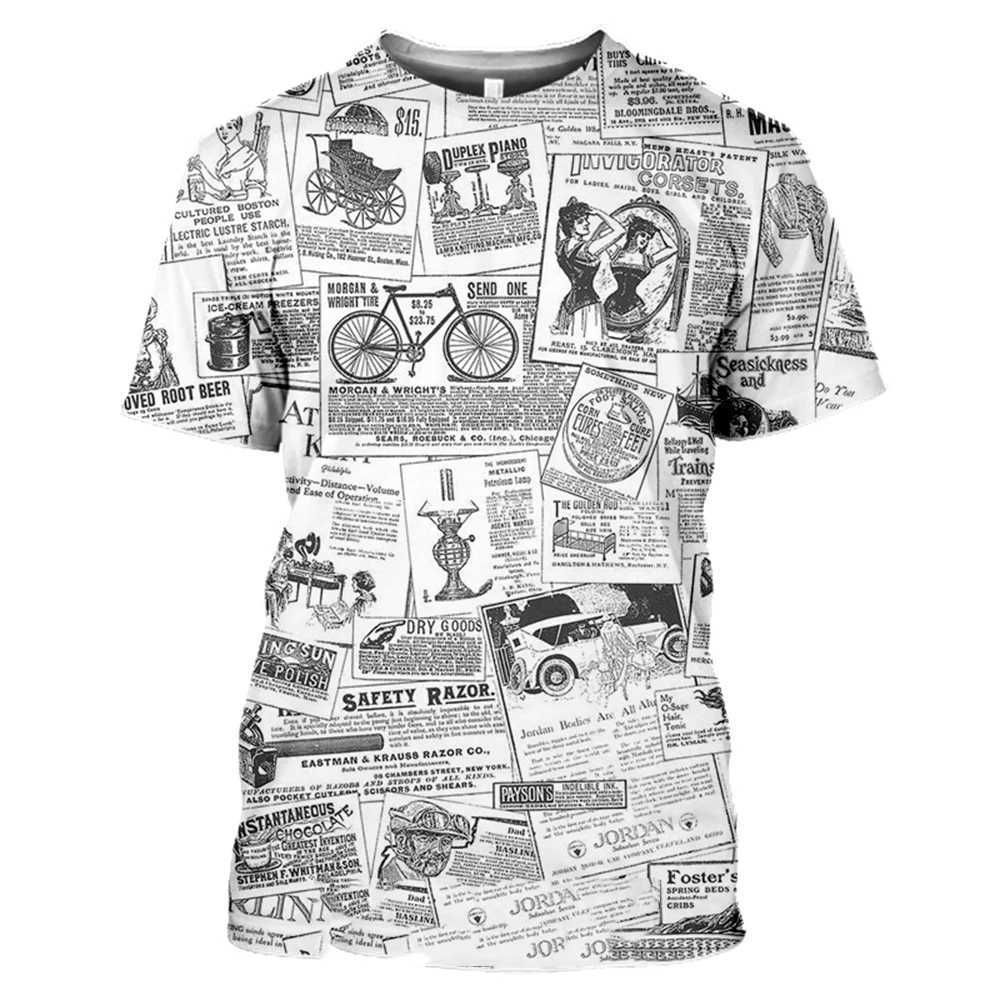 Classic retro old newspaper 3D printed mens T-shirt casual fashion hip-hop funny loose short sleeved street trend top W250224