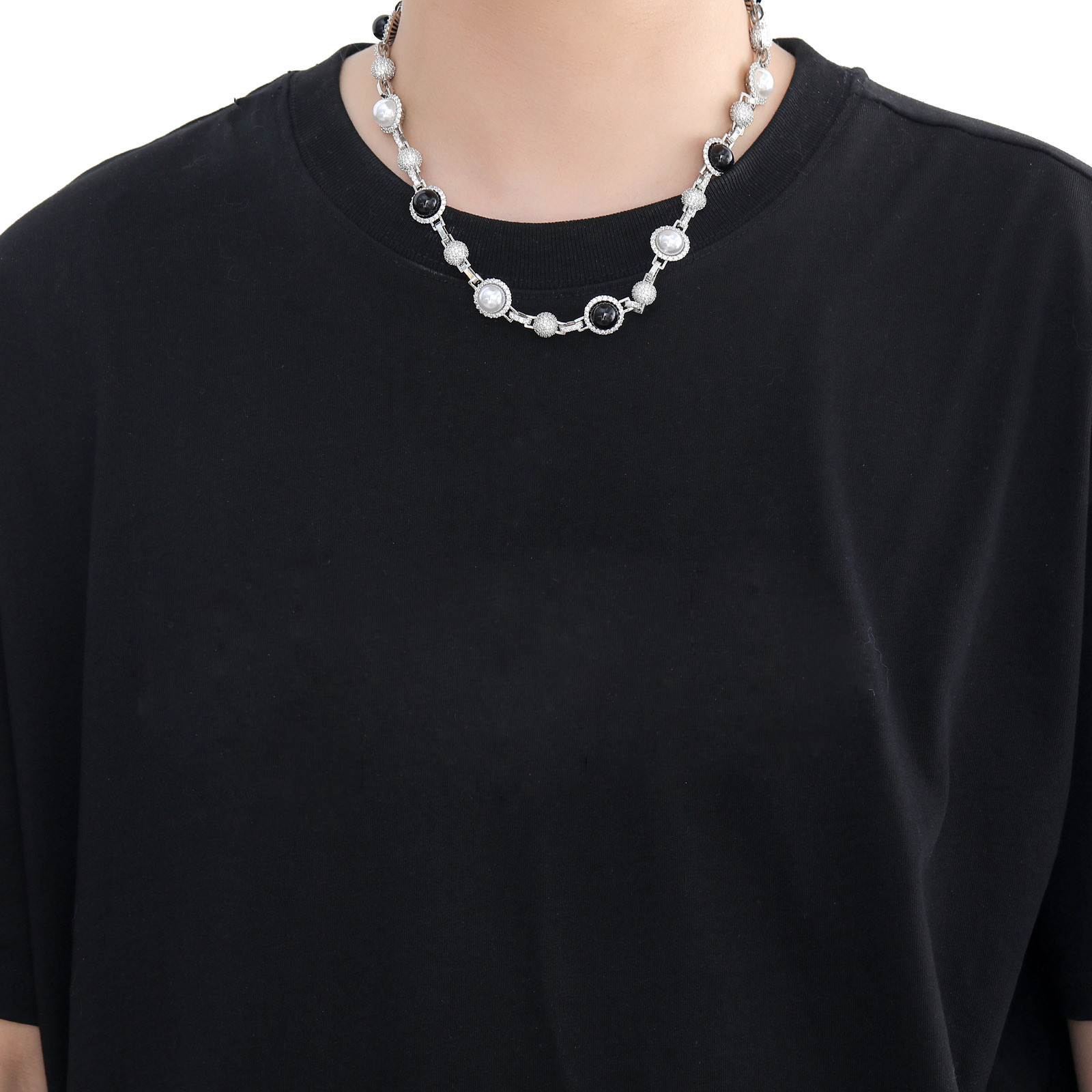 Hip Hop Men Charm Black Pearl Bead Chain Necklaces Retro Stacked Choker Jewelry Accessory