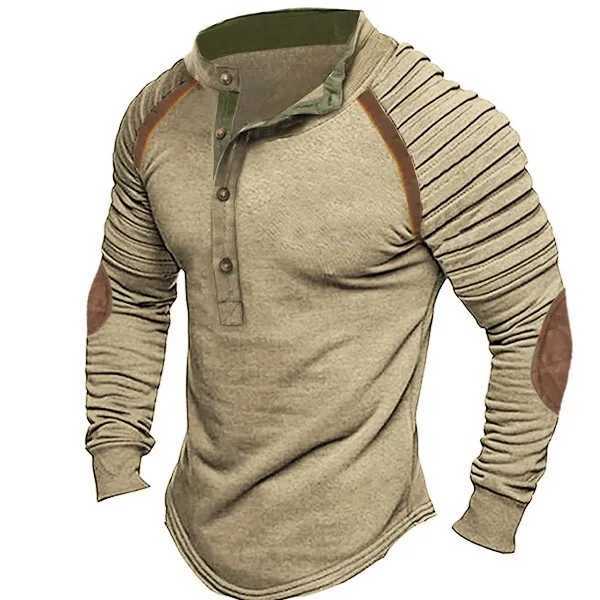 Mens Henry T-shirt with Buckle Collar Long Sleeved Pleated Print Henry Street Vacation Long Sleeved Clothing Basic Clothing W250224