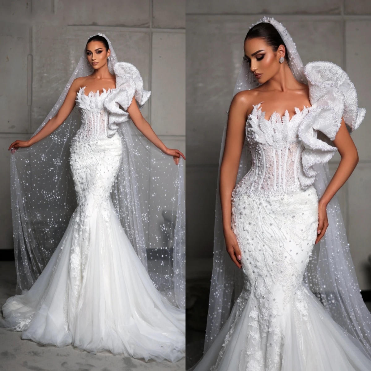 Mermaid Wedding Dress One Shoulder Sleeveless Bridal Gowns Pearls Sequins Sweep Train Dresses Custom Made vestidos de novia