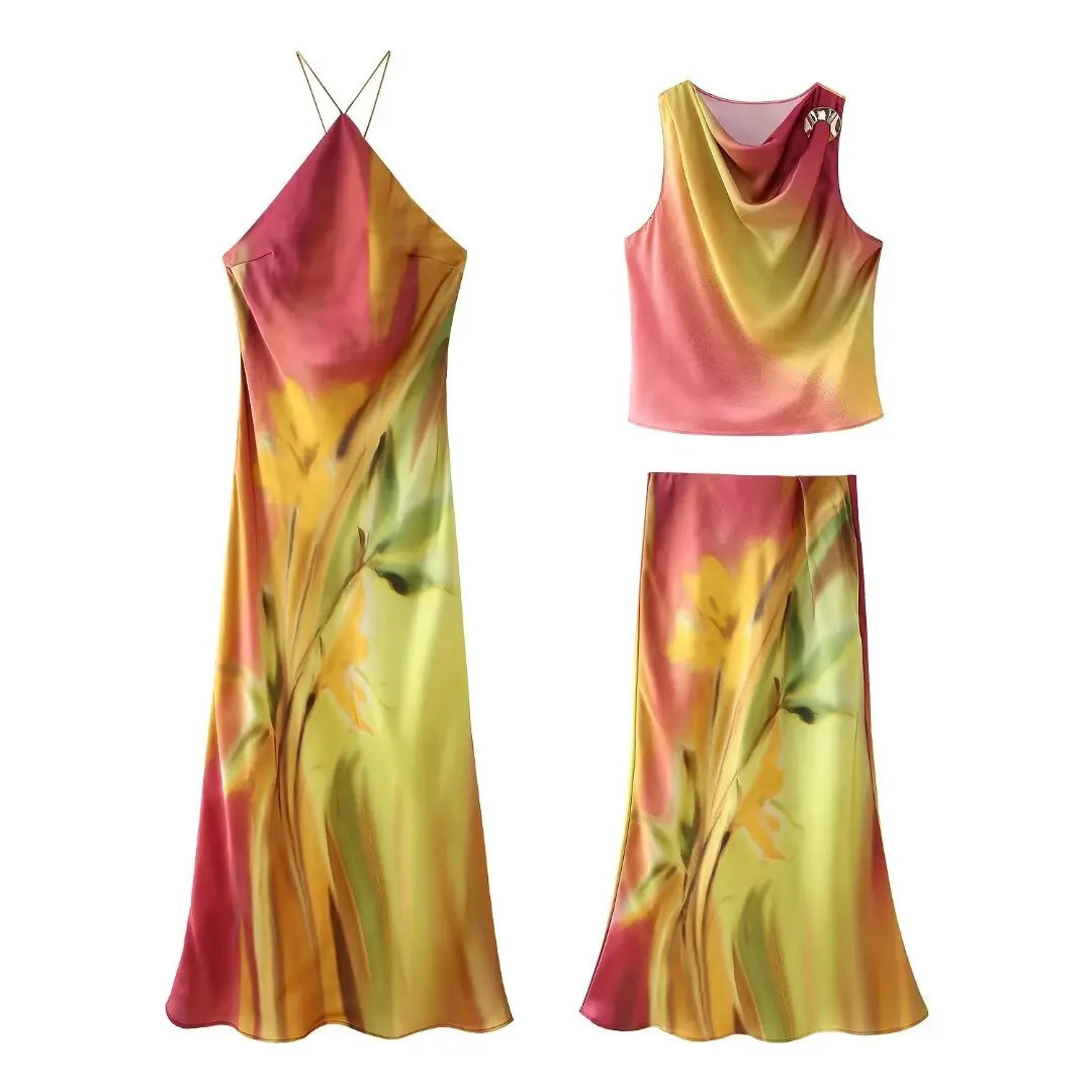 Autumn Womens European And American Style Printed Sleeveless Halter Long Dress Street Fashion 250222