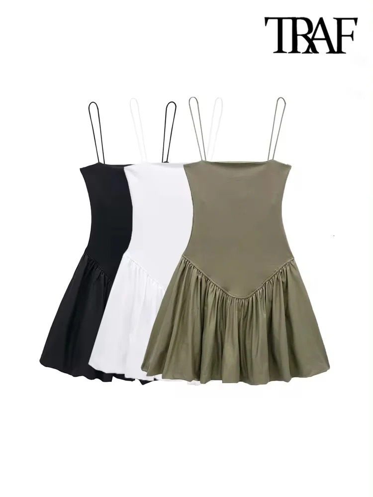TRAFWomens Patchwork Ribbed Poplin Puff Mini Dress Straight Neck Thin Straps Female Dresses Sexy Fashion 250222