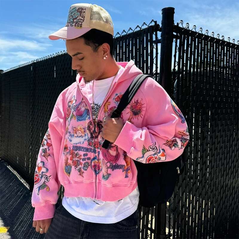 Vintage Risen King Graphic Print Oversized Zip-Up Hoodie Men Y2k Spring Long Sleeves Casual Sweatshirt Streetwear Ropa Hombre