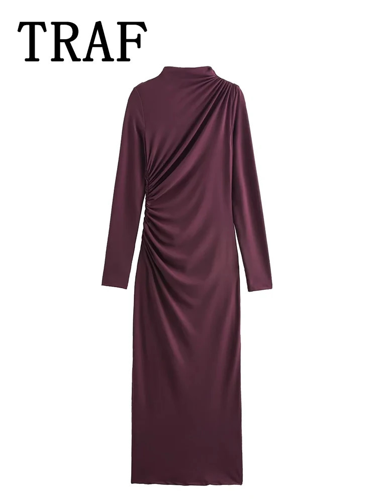 TRAF Ruched Long Dresses for Women Autumn Fashion Stand Collar Sleeve Midi Dress Woman Evening Party 250222