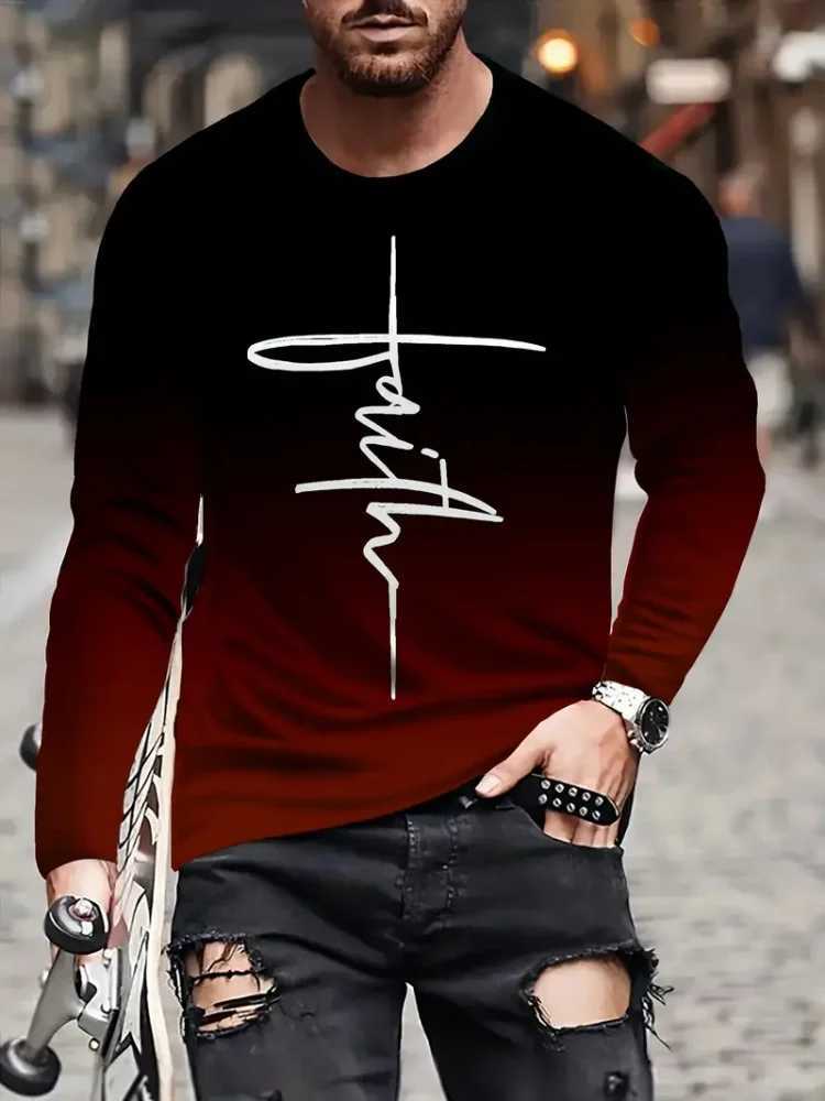 Fashion Trend Mens Crew-neck Long Sleeves Cross 3D Printed Mens Casual Pullover T-shirt Casual All-match Mens Top S-5XL W250224