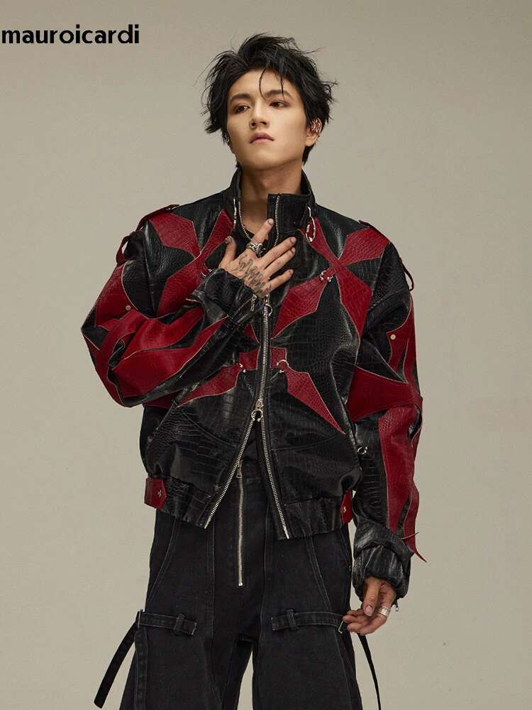 Mauroicardi Spring Autumn Cool Handsome Crocodile Print Patchwork Pu Leather Jacket Men Color Block Designer Clothes 2024