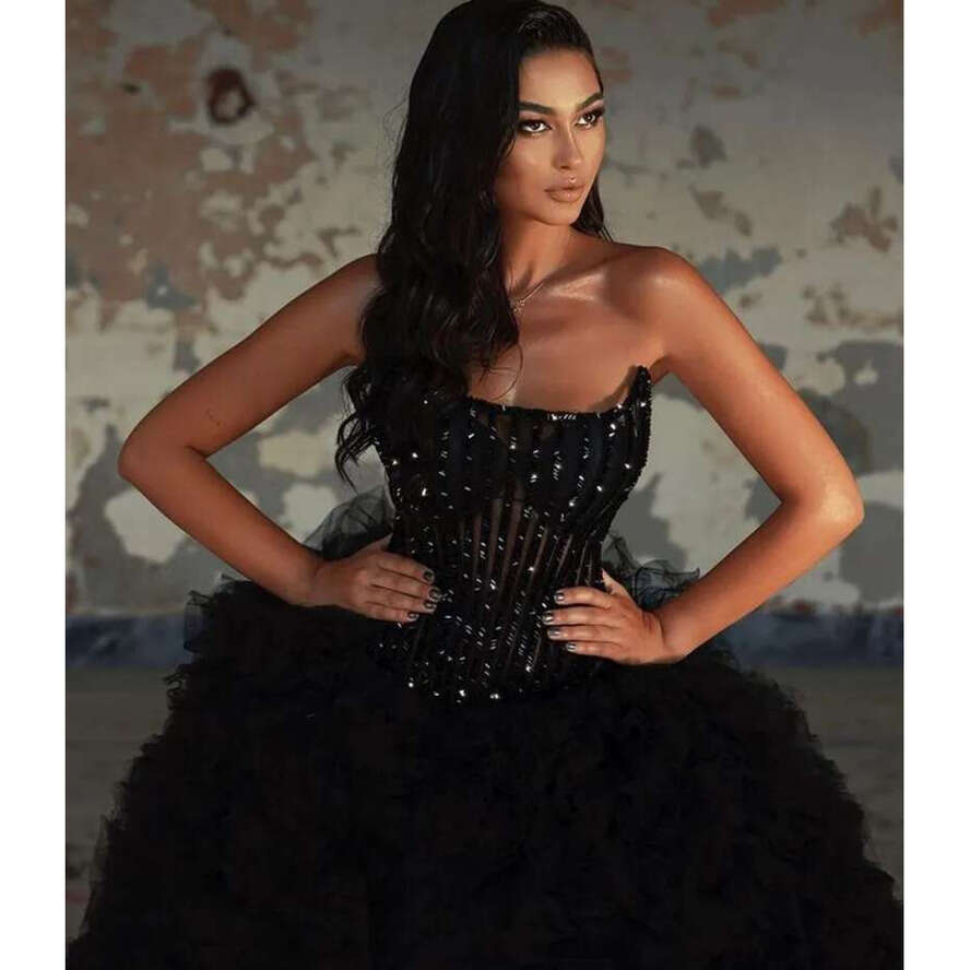 Black Fluffy Prom Dress Sleeveless High Split Tulle Ruffles Crystals Shiny Women Long Evening Formal Gowns Robe De Soiree Vestidos Feast