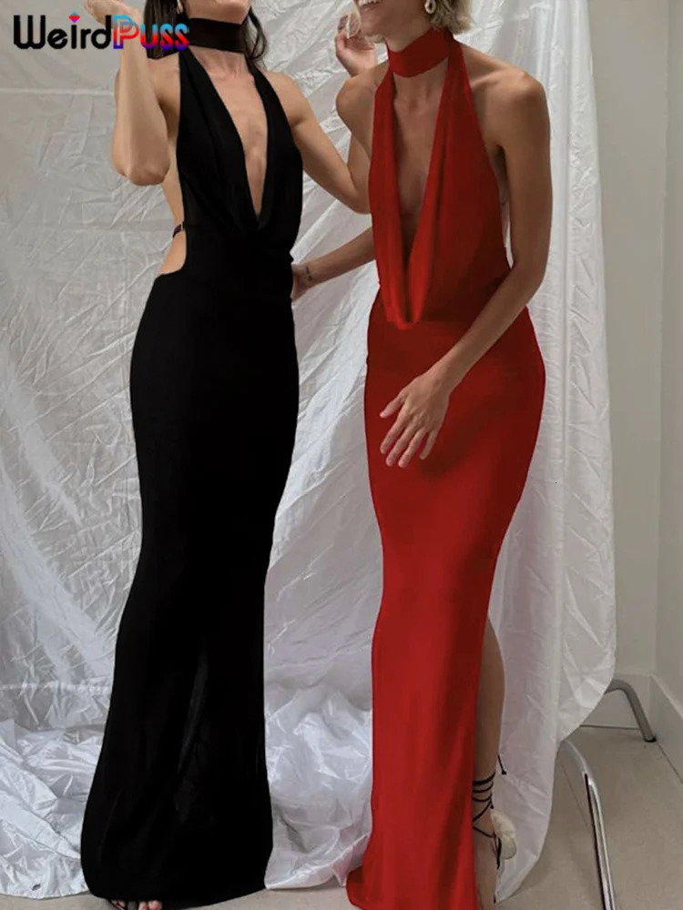 Weird Puss Hollow Halter Dress Women LowNeck Backless Sexy Sleeveless Slits Robe Trend Midnight Banquet Coquettish Long Bodycon 250222
