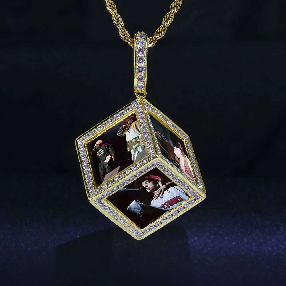 Hip Hop Diamond Cube Pendant Necklace Cust Family Memory Photo Frame 6 Sides Pictures Personali Jewelry Crystal Necklaces X250224