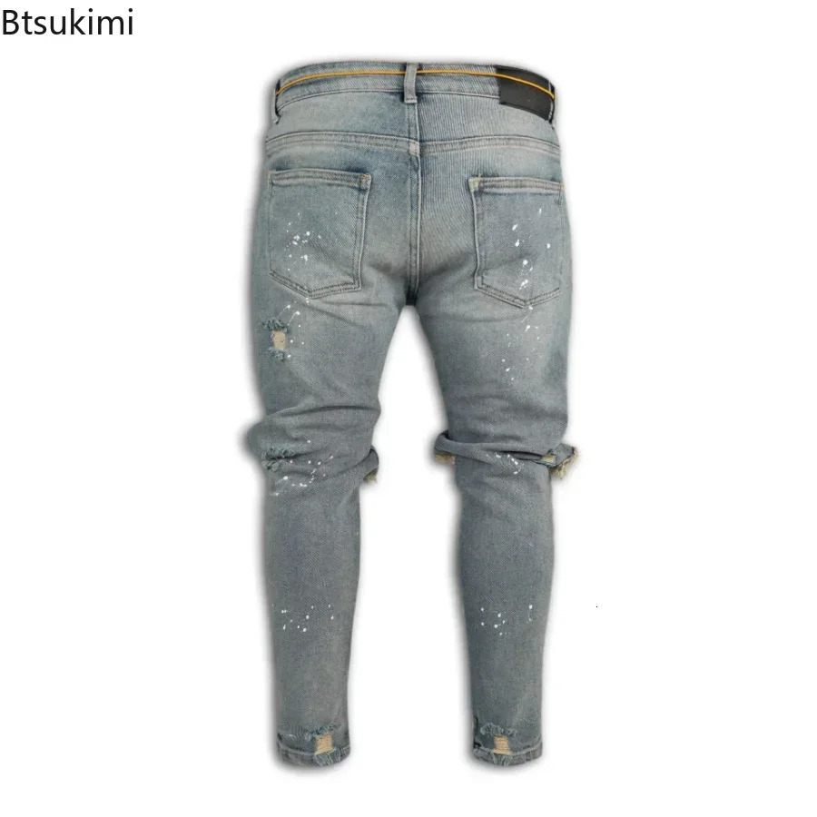 ripped hole jeans mens hip-hop cargo pants Distressed denim jeans tight fitting mens clothing full-length ultra-thin mens clothing 250219