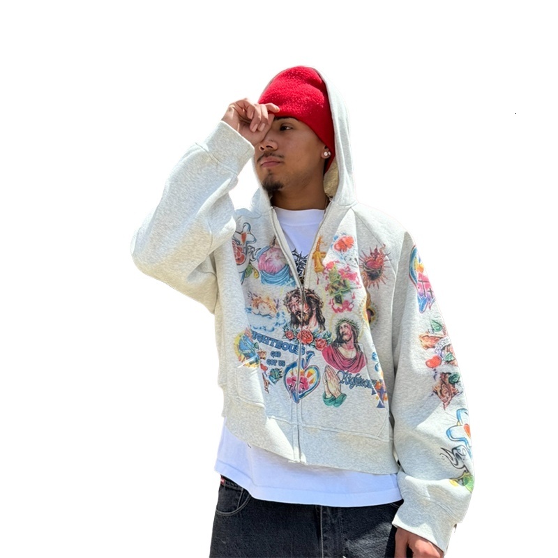 Vintage Risen King Graphic Print Oversized Zip-Up Hoodie Men Y2k Spring Long Sleeves Casual Sweatshirt Streetwear Ropa Hombre