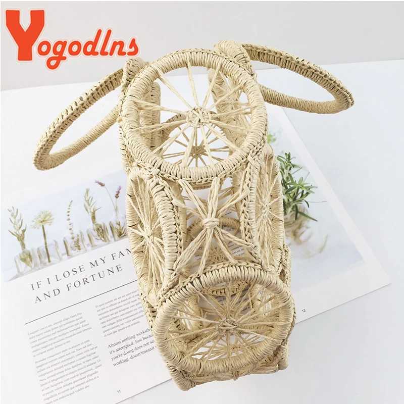 Yogodlns Summer Straw Bag For Women Round Hollow Beach Bag Casual Handmade Woven Handbag Seaside Vacation LadyHandle Bag Pouch