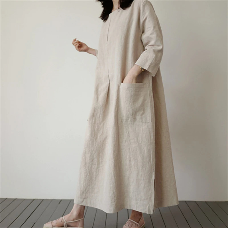 REALEFT Cotton and Linen Womens Loose Long Dresses Pockets High Waist ONeck Casual Straight Dress Female Summer 250222