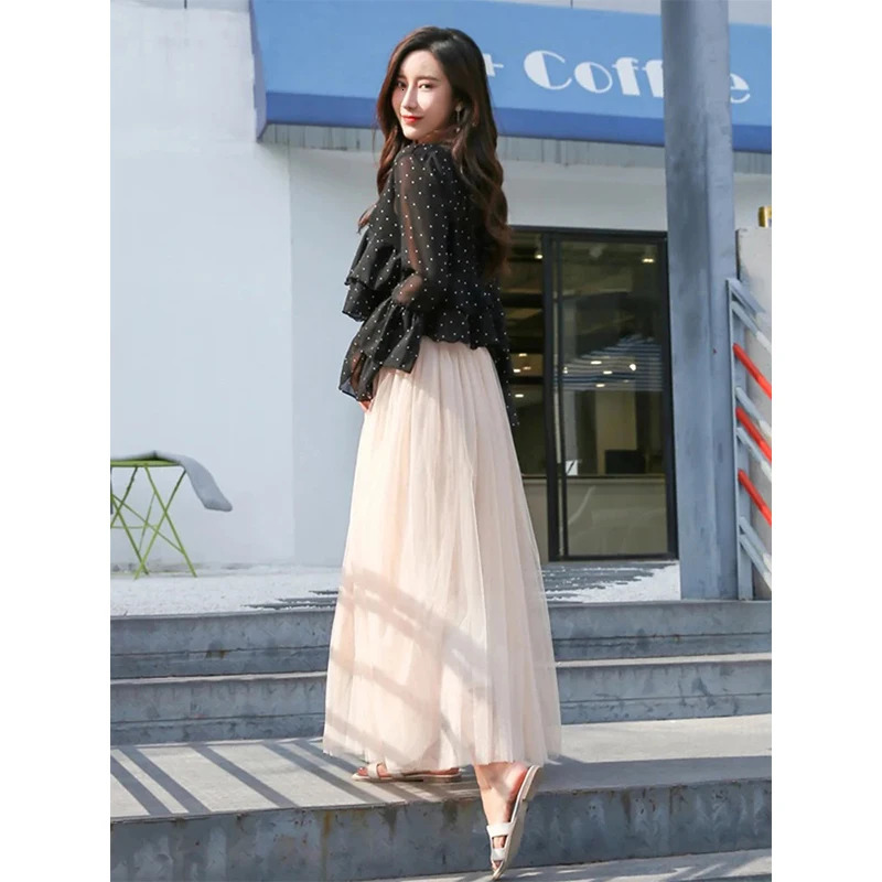 Vintage Tulle Skirt Women Streetwear Elastic High Waist Mesh Pleated Skirts Summer Elegant Korean A Line Office Ladies Skirt 250224