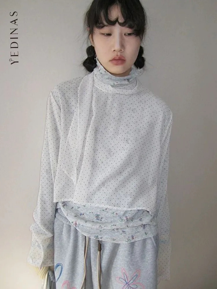 Yedinas Fairycore Polka Dot Blouse Women Sheer Crop Top Long Sleeve Korean Fashion Spring See Through Shirt Ladies Tops Y2k 250222