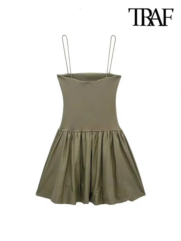 TRAFWomens Patchwork Ribbed Poplin Puff Mini Dress Straight Neck Thin Straps Female Dresses Sexy Fashion 250222
