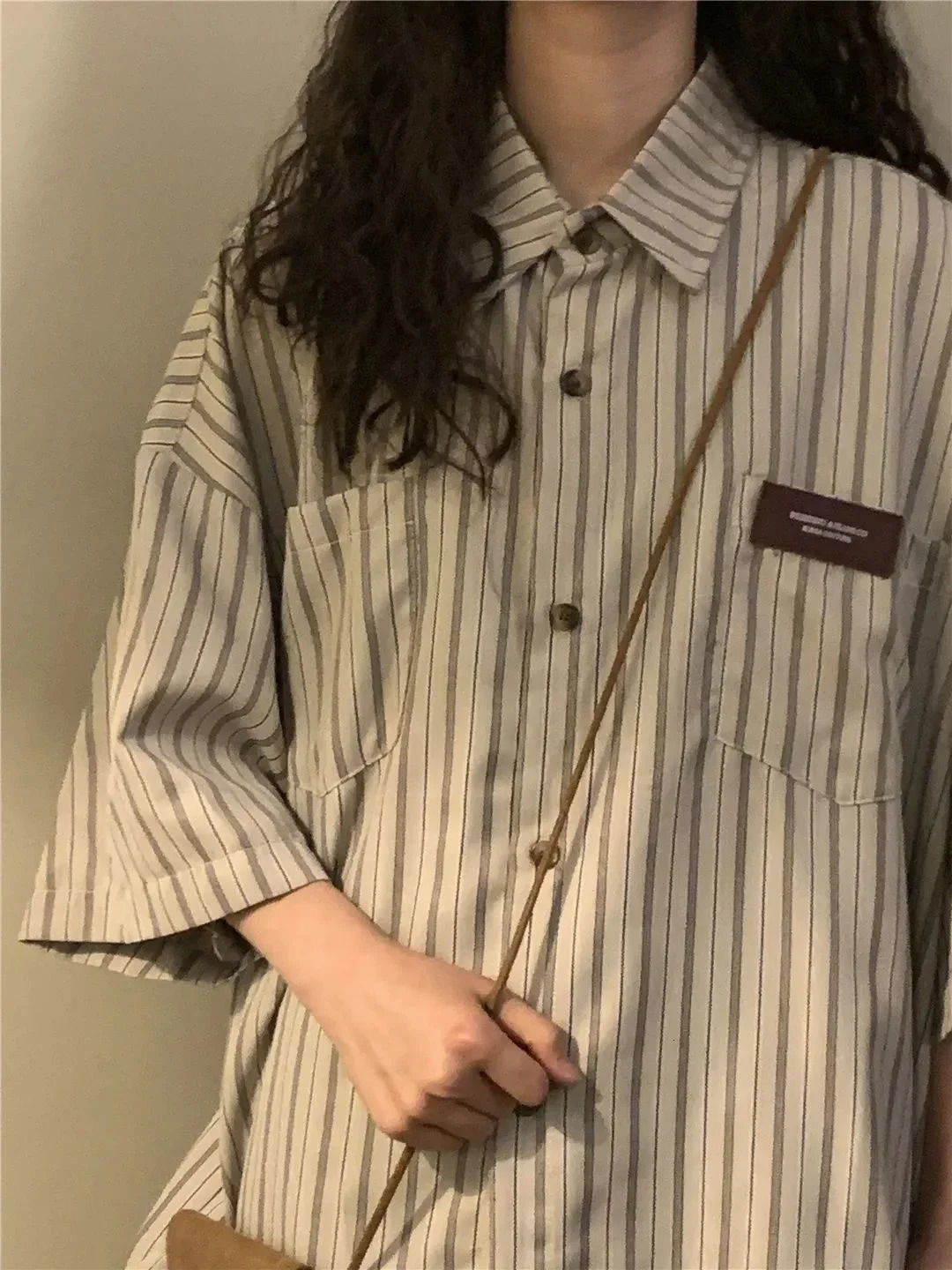 Retro Fitting Loose Versatile Style Short Sleeved Striped Shirt Vintage Clothes Top Women Shirts Blouses 250224