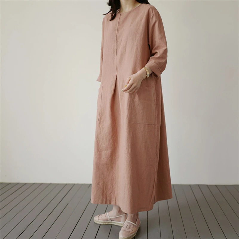 REALEFT Cotton and Linen Womens Loose Long Dresses Pockets High Waist ONeck Casual Straight Dress Female Summer 250222