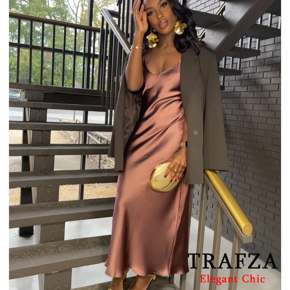 TRAFZA Women Sexy Stain Long Dress Thin Strap Backless Slim Fashion Glamorous Nightwear 250222