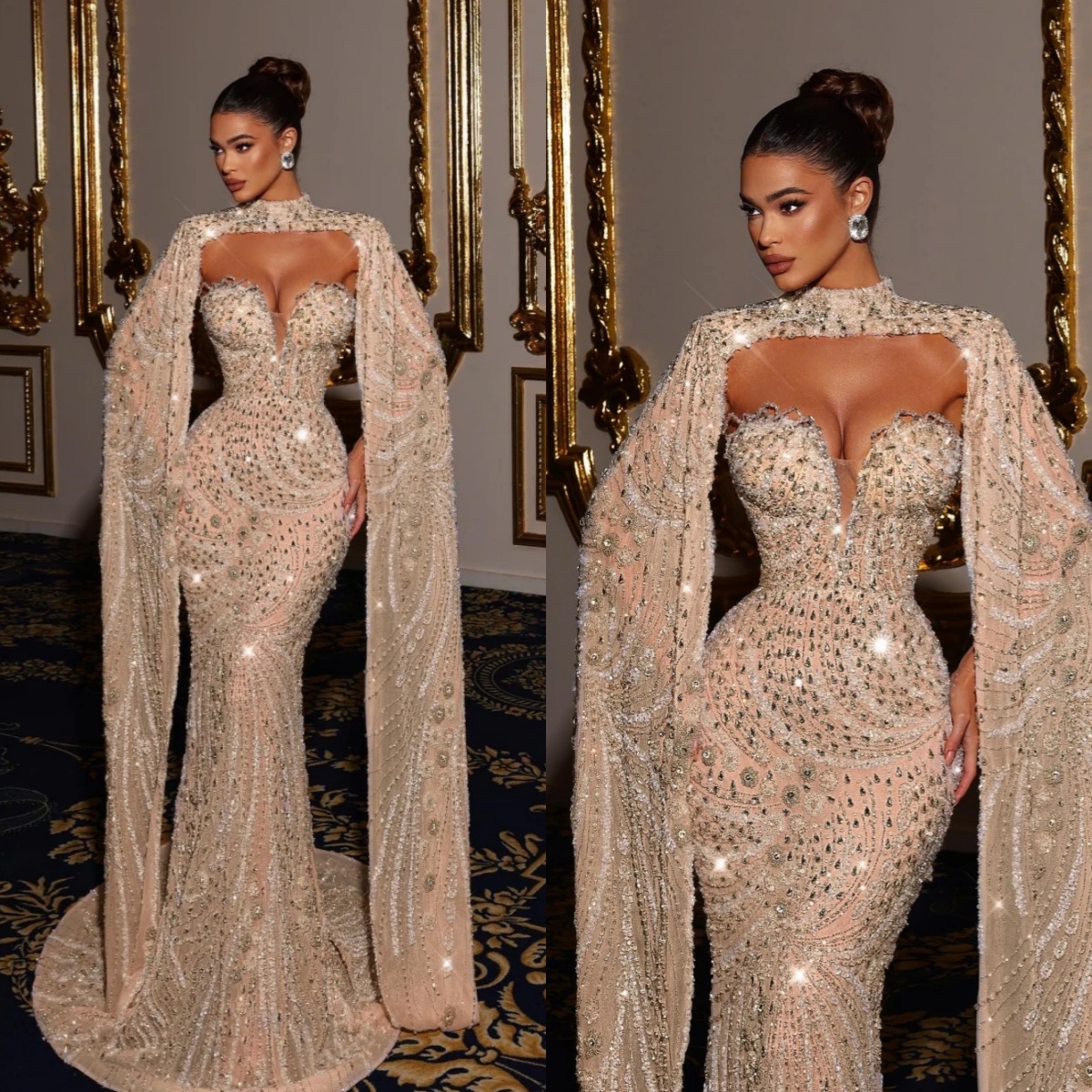 Designer Mermaid Evening Dresses For Women Sweetheart Neck Long Sleeves Gown Crystal Sequins Customized Dress