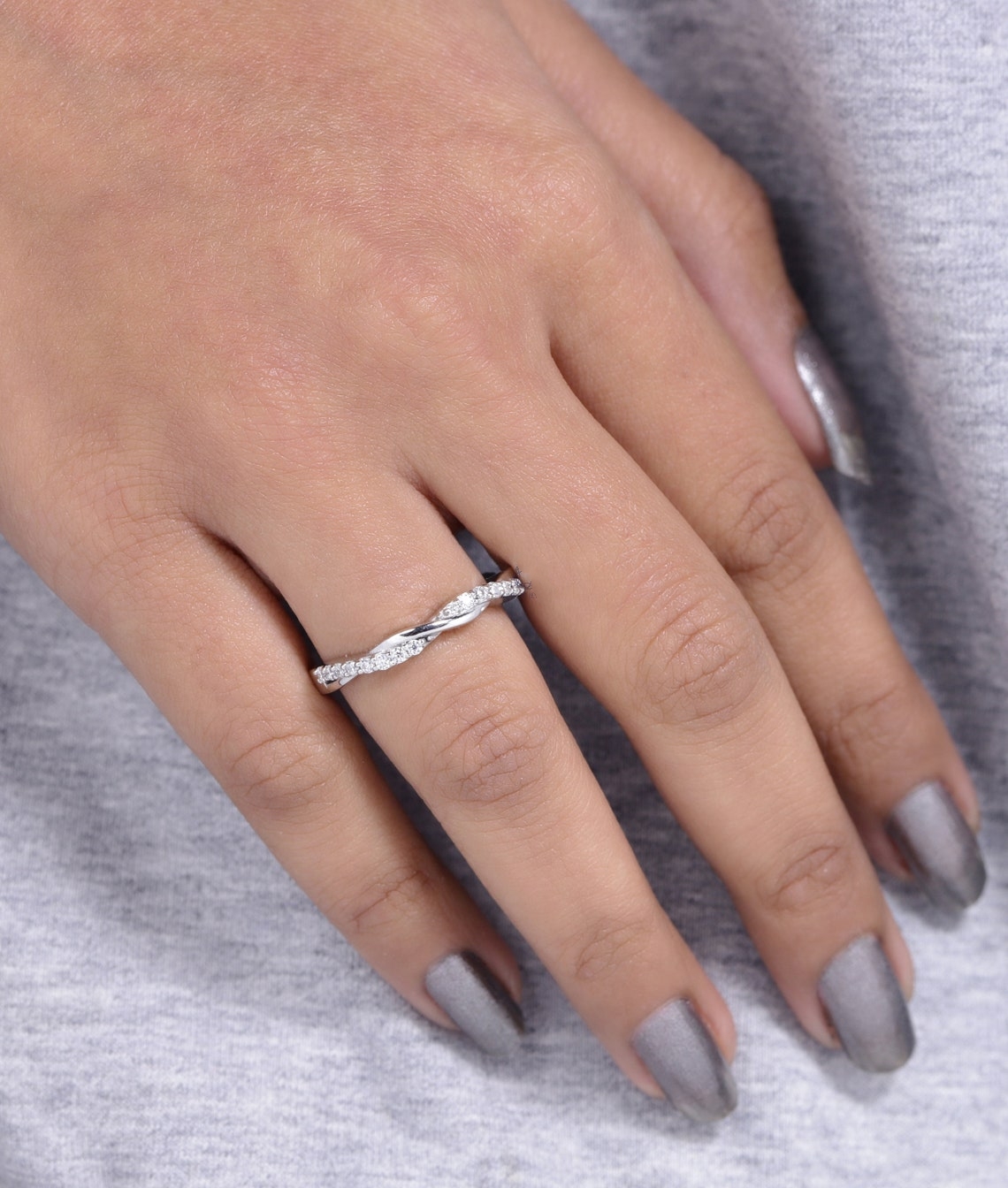 18K White Gold Twisted 0.30ct Wedding Band Lab- Grown Round Diamond Ring Dainty Eternity Ring For Women Birthday Gift For Her