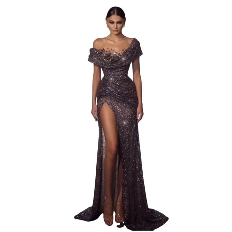 Glitter Sequined Prom Dresses Off Shoulder Side High Slit Pageant Party Dress Pearls Beaded Long Evening Gowns Pleats Charming Special Occasion Wear 2