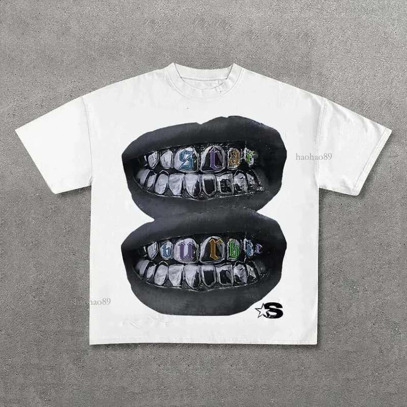 Loose Lip Print Graphic 100% Cotton T-Shirt Men Y2K Summer Short Sleeves Vintage Oversize Tshirt Streetwear Women Tops 241014