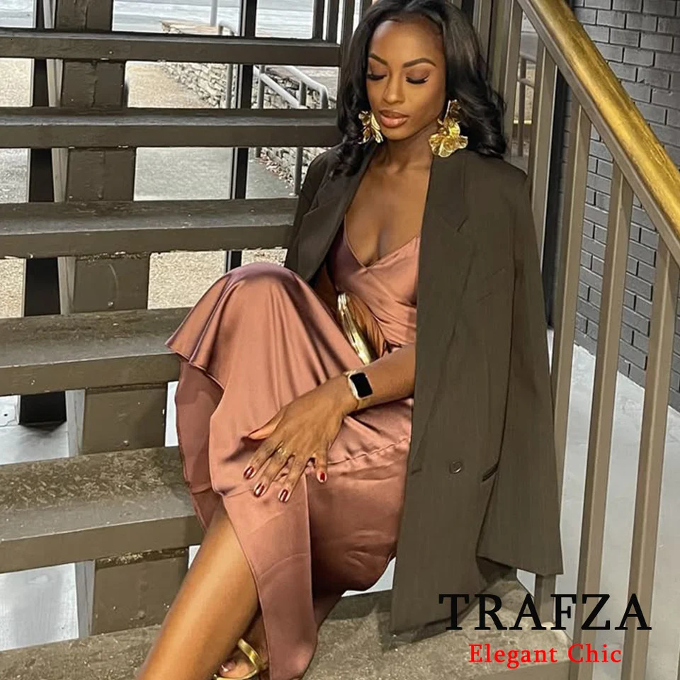 TRAFZA Women Sexy Stain Long Dress Thin Strap Backless Slim Fashion Glamorous Nightwear 250222