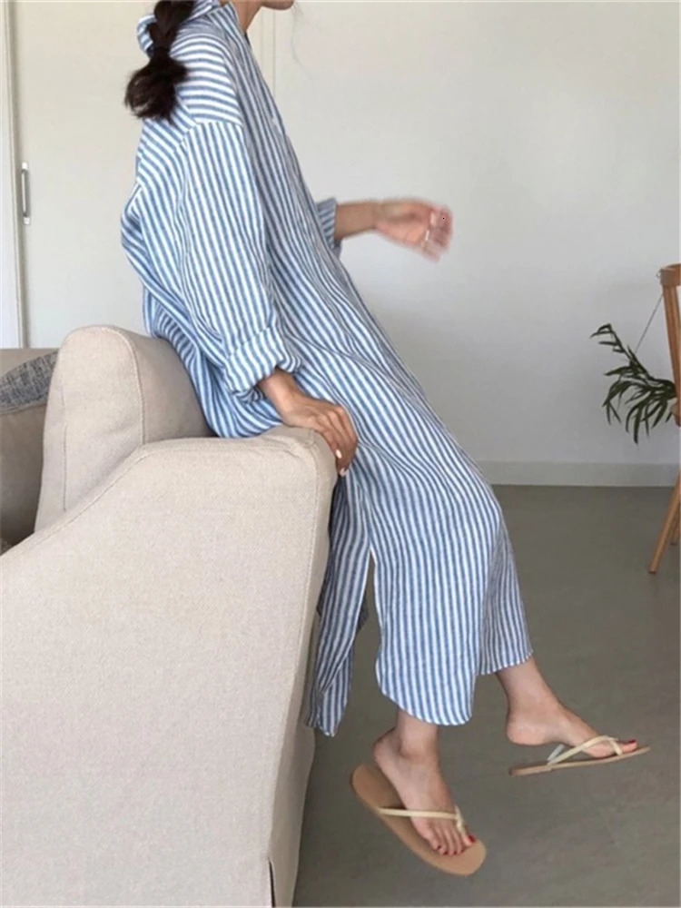Colorfaith DR2268 Striped Lace Up Cotton and Linen Shirt Dress Spring Summer Women Korean Fashion Chic Long Dresses 250222