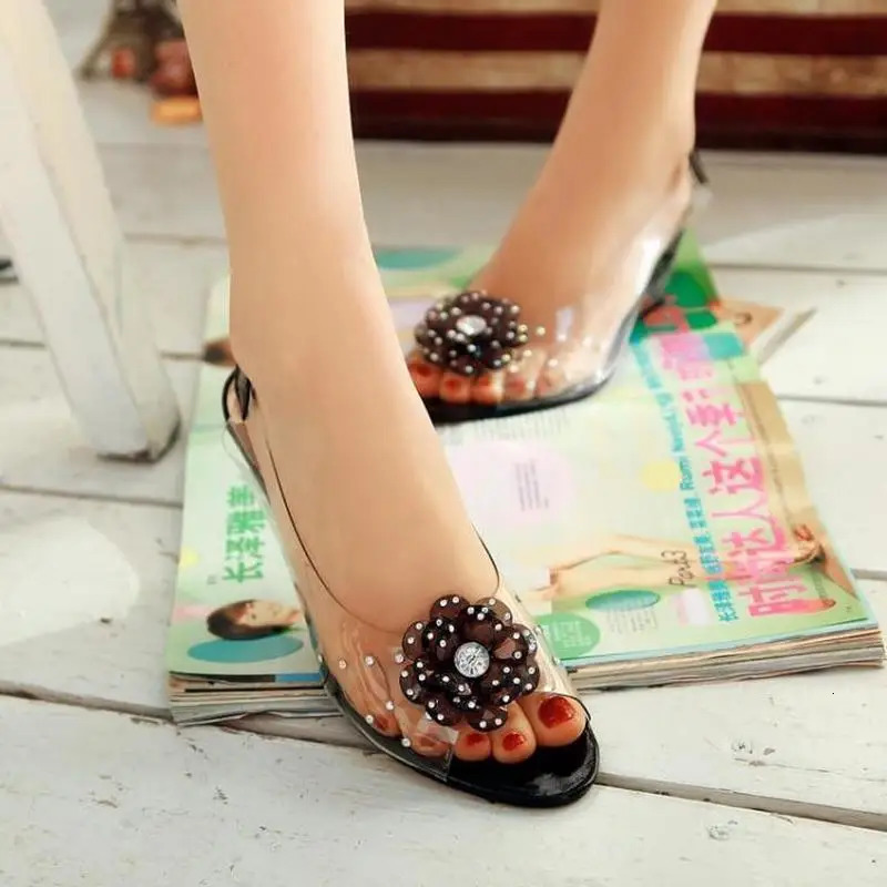 65CM Wedges Sandals Women Summer Sweet Flowers Transparent Open Toe Heel Sandals Fishmouth Red Sandals Plus Size49 250218