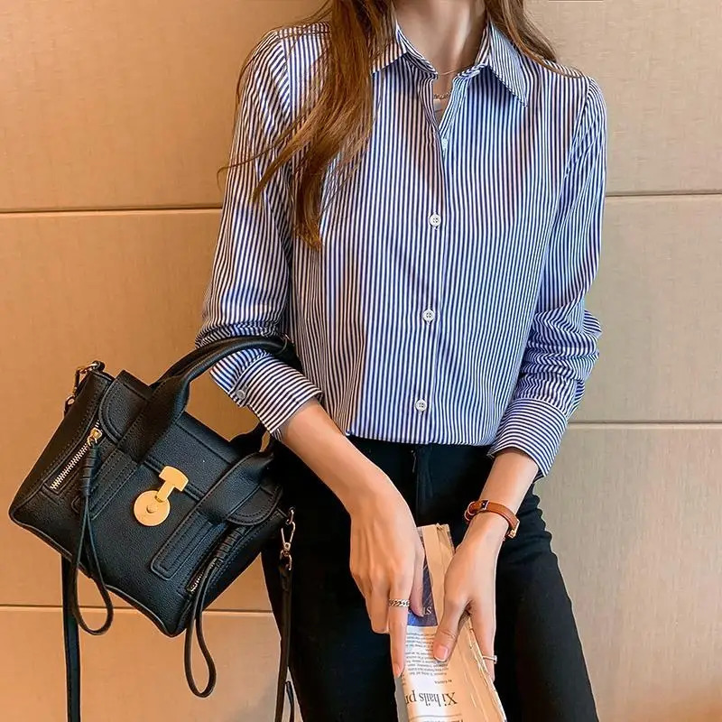 Profession Office Printing Striped Single-breasted Blouse Women Long Sleeve Turn-down Collar Korean All-match Lady Shirt 250224