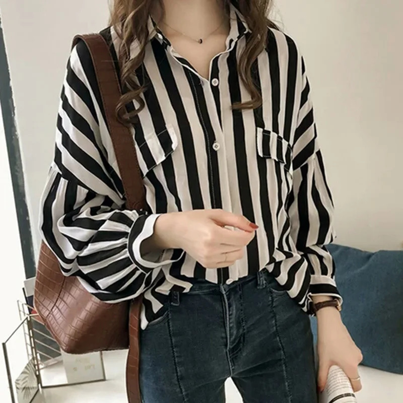 Turn Down Neck Pocket Vertical Striped Shirt And Blouses Long Sleeved Top Elegant Office Lady Casual Women In Clothes 250222