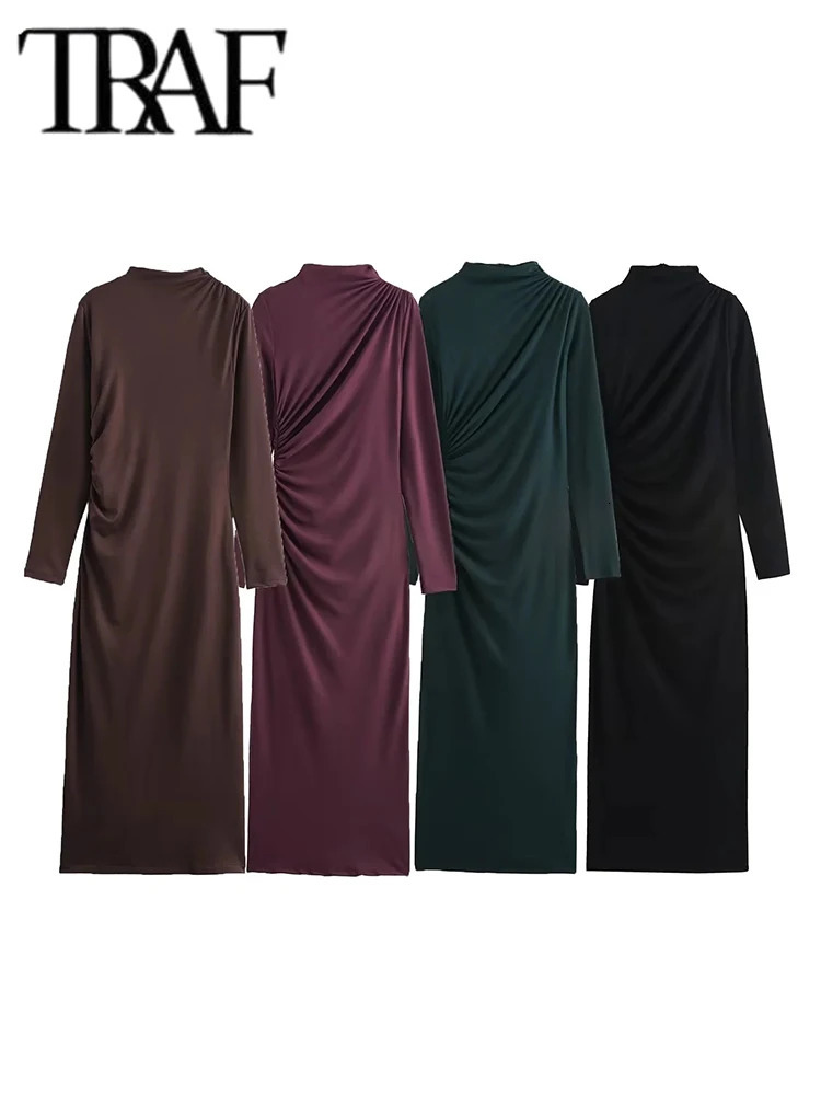 TRAF Ruched Long Dresses for Women Autumn Fashion Stand Collar Sleeve Midi Dress Woman Evening Party 250222
