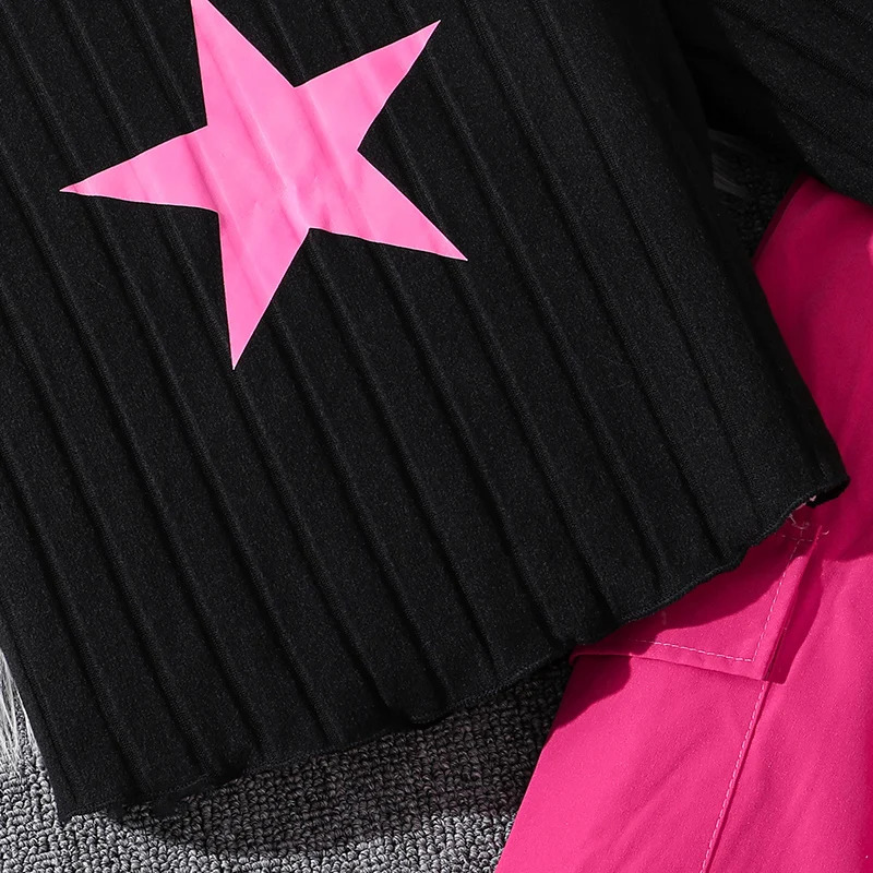 Children Casual Clothing Outfits For Girls Black Pullover Hoodie And Rose Red Pants Sports Loose Comfortable Style Daily Suits 250224