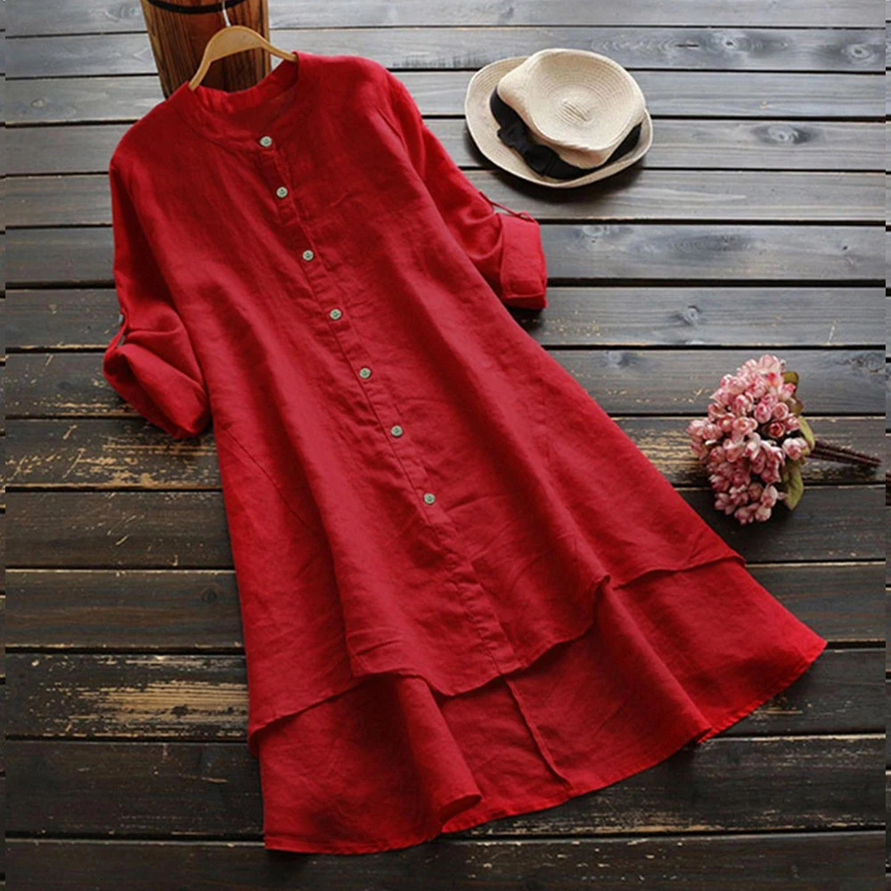 Womens Spring Solid Cotton Linen Shirt Dress Ladies Loose Long Tops Blouse Plus Size Clothes Clothing 2024 250214