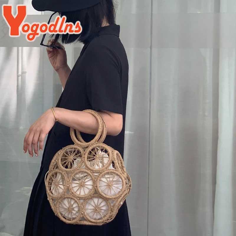 Yogodlns Summer Straw Bag For Women Round Hollow Beach Bag Casual Handmade Woven Handbag Seaside Vacation LadyHandle Bag Pouch