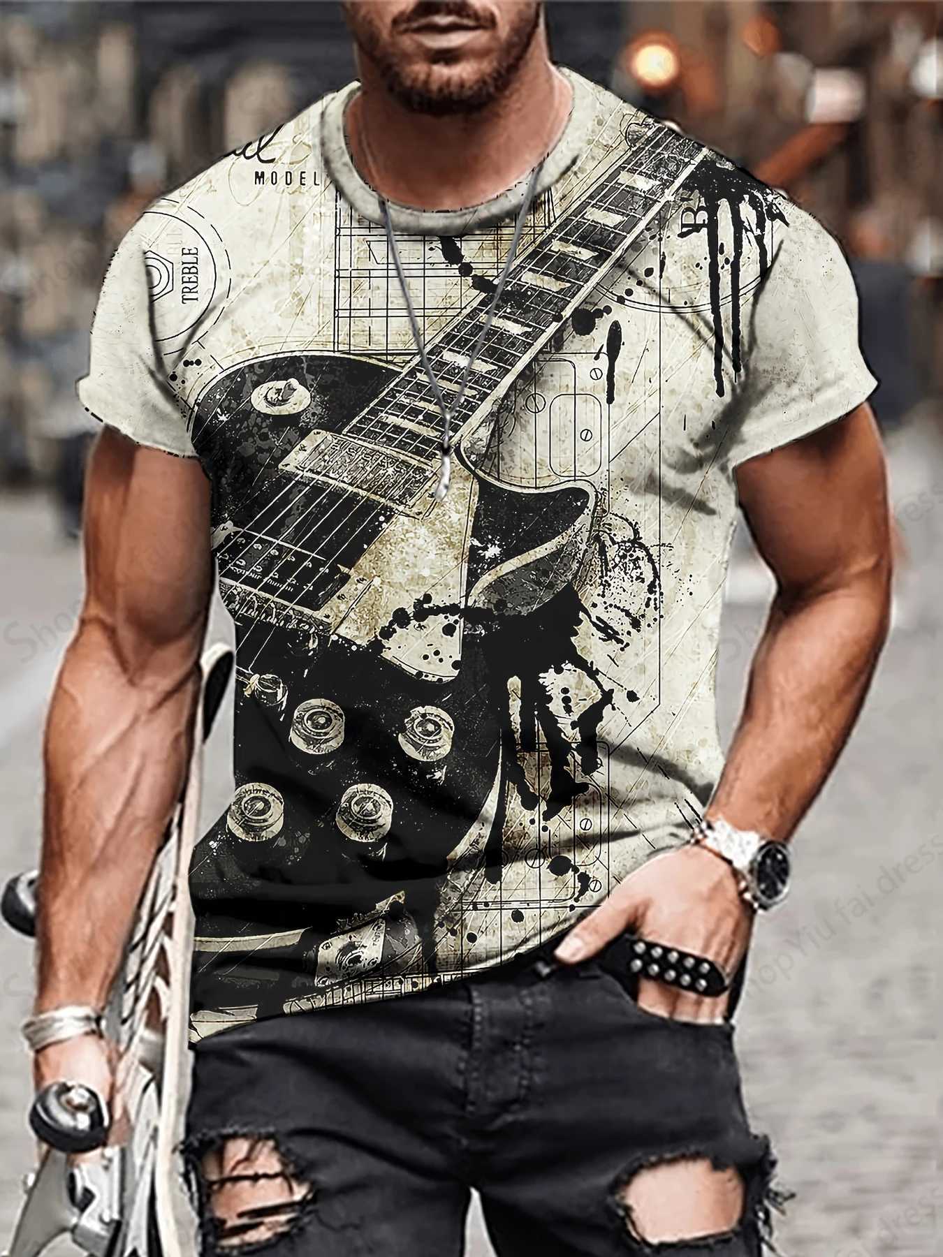 3D printed T-shirt for musical instrument guitar mens fashion short sleeved T-shirt childrens hip-hop top T-shirt W250224