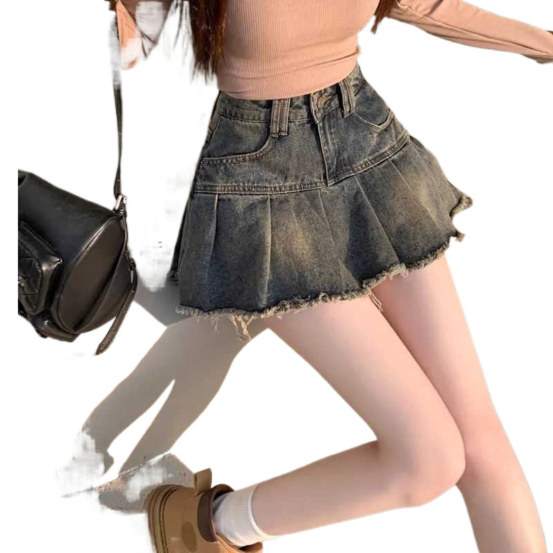 D51150 Retro distressed pleated denim skirt for women summer high waist slimming anti-exposure hip skirt trendy