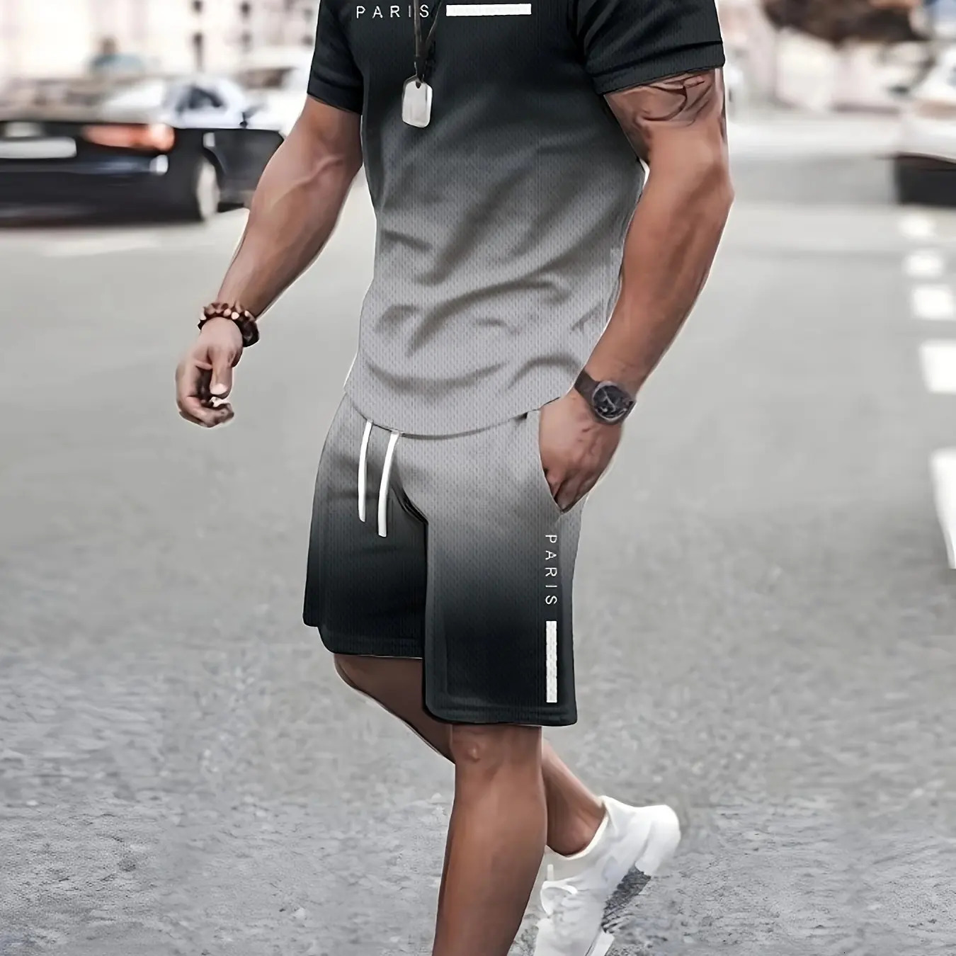 2 Piece Men Fashion Summer Resort Clothing Set Mens Gradient Printed Short Sleeve T-Shirt And Pocket Drawstring Shorts Set 250222