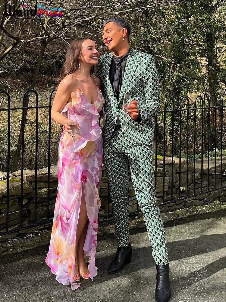 Weird Puss Flower Print Dress Woman Summer Strapless Splits Irregular Tassel Patchwork Backless Bandage Party Skinny Vestidos 250222