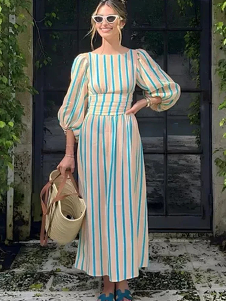 Fashion Striped Print Backless Long Dress For Women Elegant O Neck Lantern Sleeve Midi Dresses 2024 Summer High Waist Beach Robe 250222