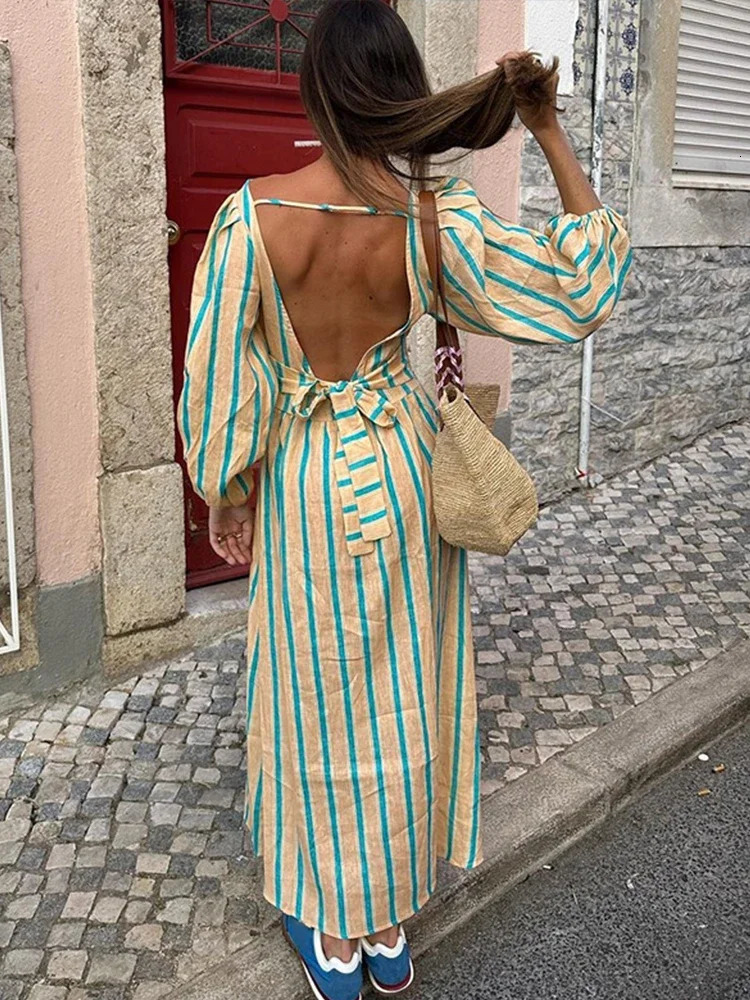Fashion Striped Print Backless Long Dress For Women Elegant O Neck Lantern Sleeve Midi Dresses 2024 Summer High Waist Beach Robe 250222