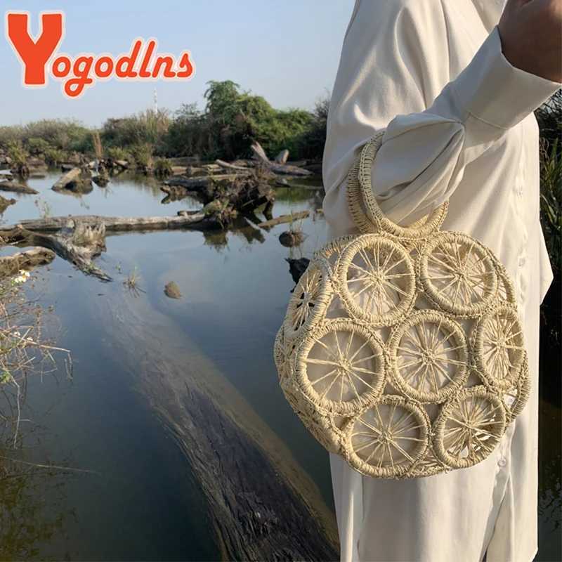 Yogodlns Summer Straw Bag For Women Round Hollow Beach Bag Casual Handmade Woven Handbag Seaside Vacation LadyHandle Bag Pouch