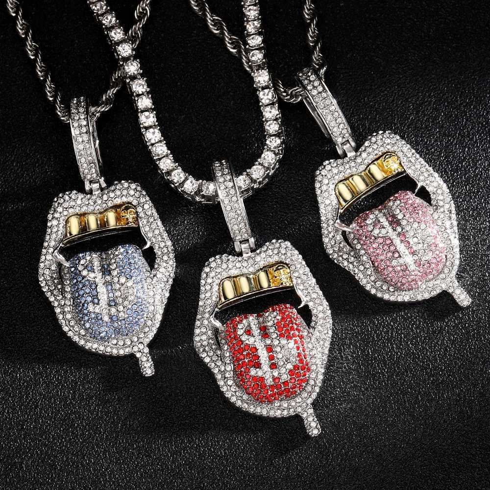 Fl Diamond Dollar Mouth Pendant Punk Rock Style 4mm Wide Rope Chain Gorgeous Decorative Jewelry for Men and Women X250224