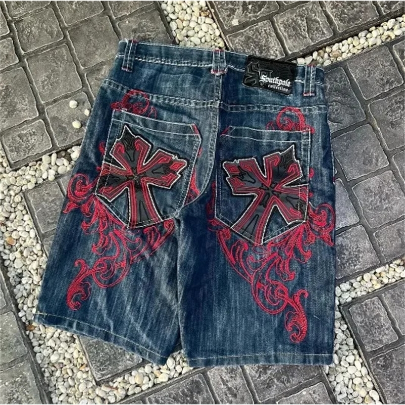 Y2K trend Harajuku Gothic hip-hop retro burr cross embroidery black baggy high waist denim shorts mens jeans 250222