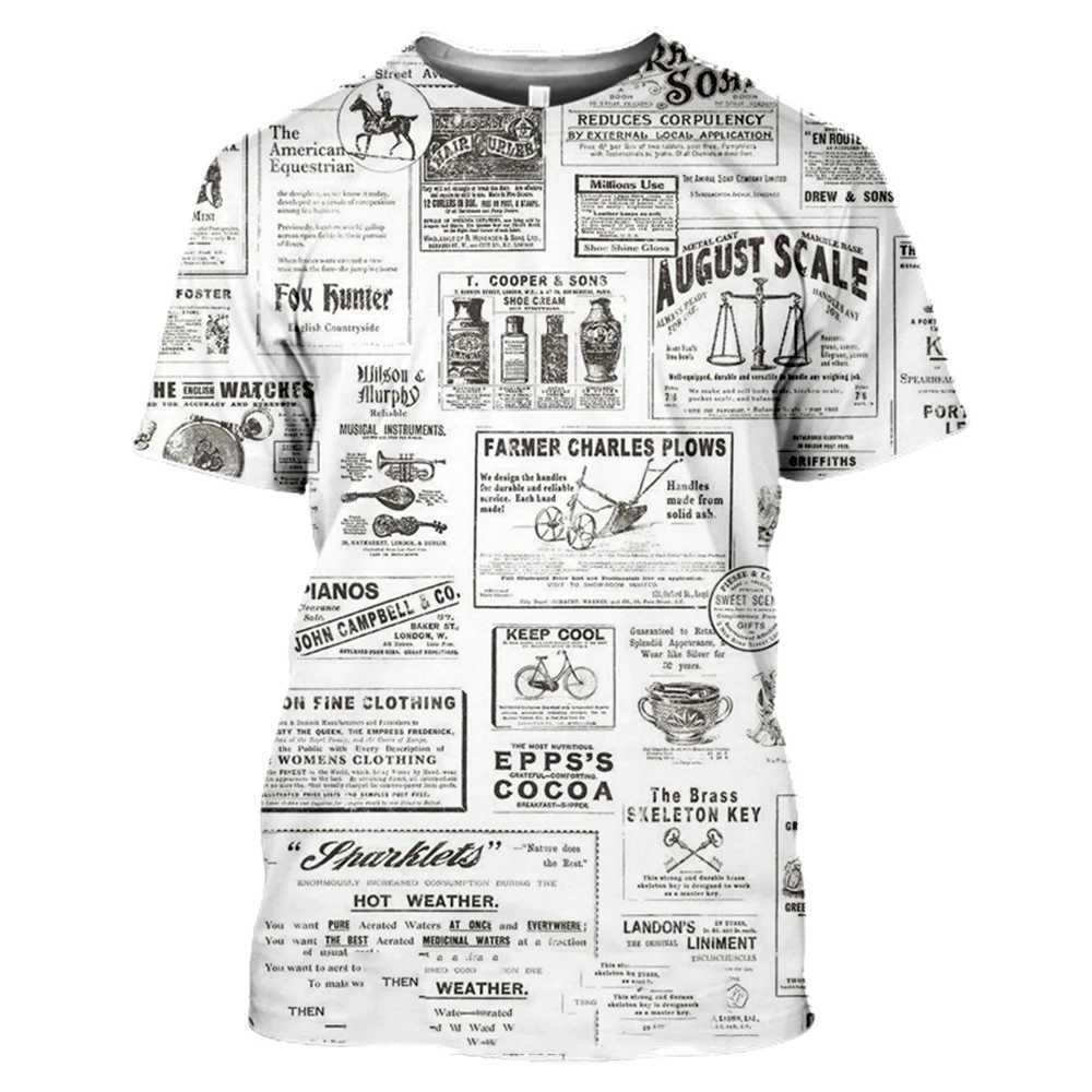 Classic retro old newspaper 3D printed mens T-shirt casual fashion hip-hop funny loose short sleeved street trend top W250224