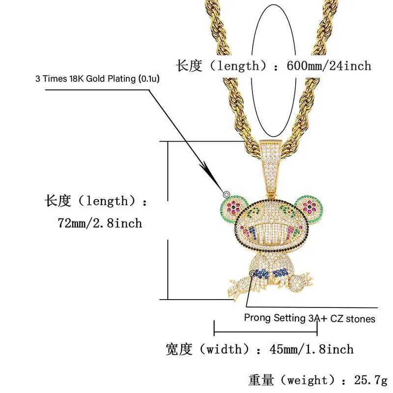 Prong Setting Mticolor AAA CZ Stone Bling d Out Cartoon Frog Pendants Necklace for Men Hip Hop Rapper Jewelry Gold Color X250224