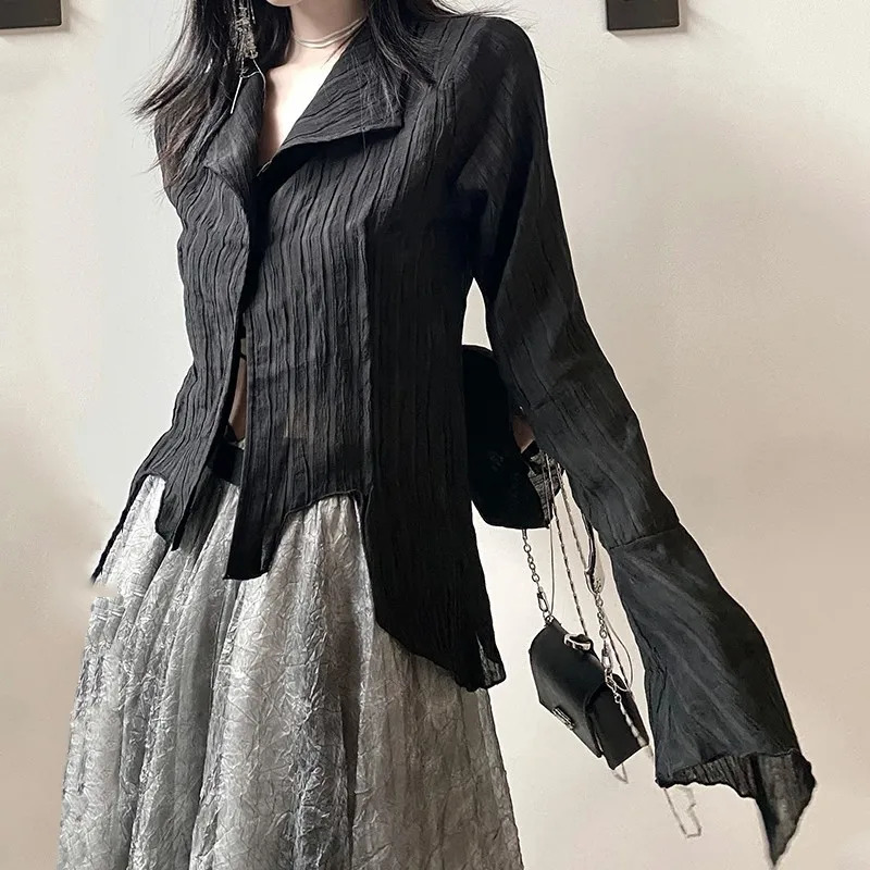 Karrram Gothic Black Shirt Yamamoto Style Dark Aesthetic Blouse Women Irregular ner Clothes Emo Alt Grunge Tops Y2k 250222